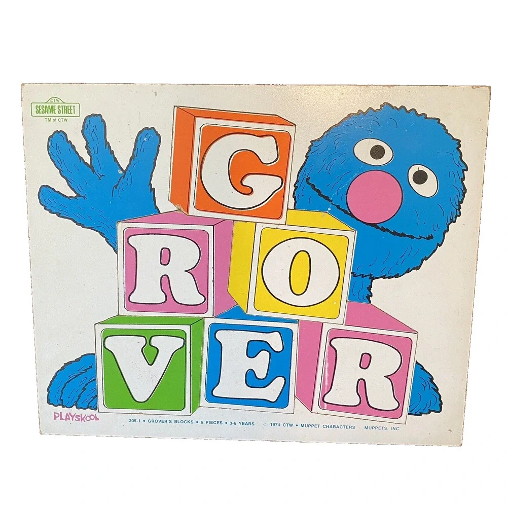 Vintage Playskool 1974 Sesame Street Grover Wooden Wood Puzzle Blocks Letters